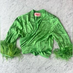 Rezek Studio feather trim wrap blouse